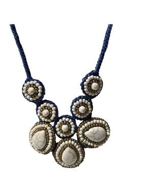 Handcrafted Boho Bib Necklace White Howlite Accents Blue Beaded Retro Fashion